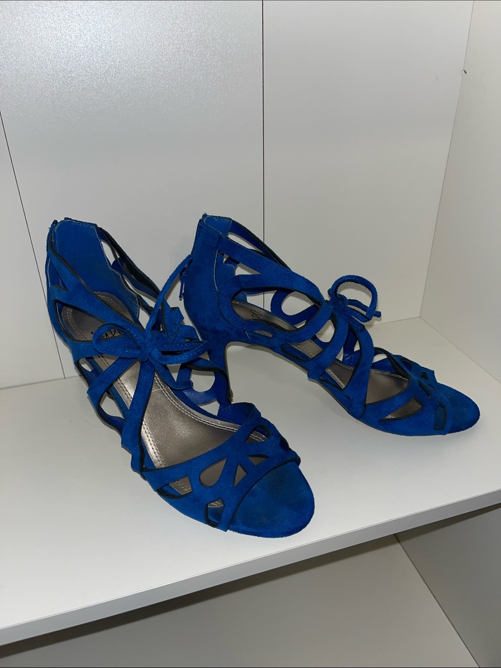 Blue Suede Strappy Lace-Up Heels